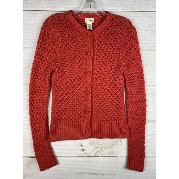 L.L. Bean Sweaters - LL Bean Sweater Womens XS Red Orange Button Up Cardigan Open Knit Wool Angora